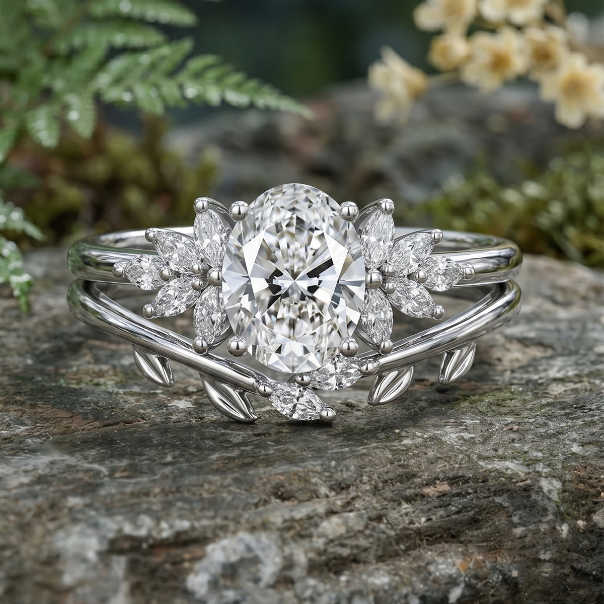 1.0CT~5.0CT Oval cut Lab grown Diamond Cluster Engagement Ring Set
