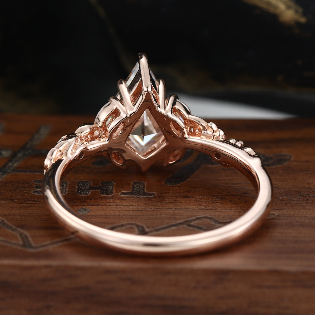 Nature Inspired Solid Gold Kite cut Moissanite Leaf Engagement Ring