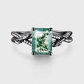 Nature Inspired Emerald cut Moss Agate Leaf Gold Engagement Ring