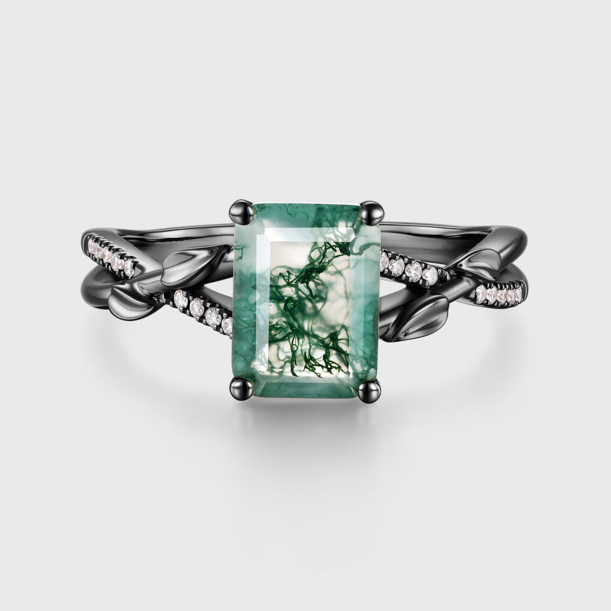 Nature Inspired Emerald cut Moss Agate Leaf Gold Engagement Ring