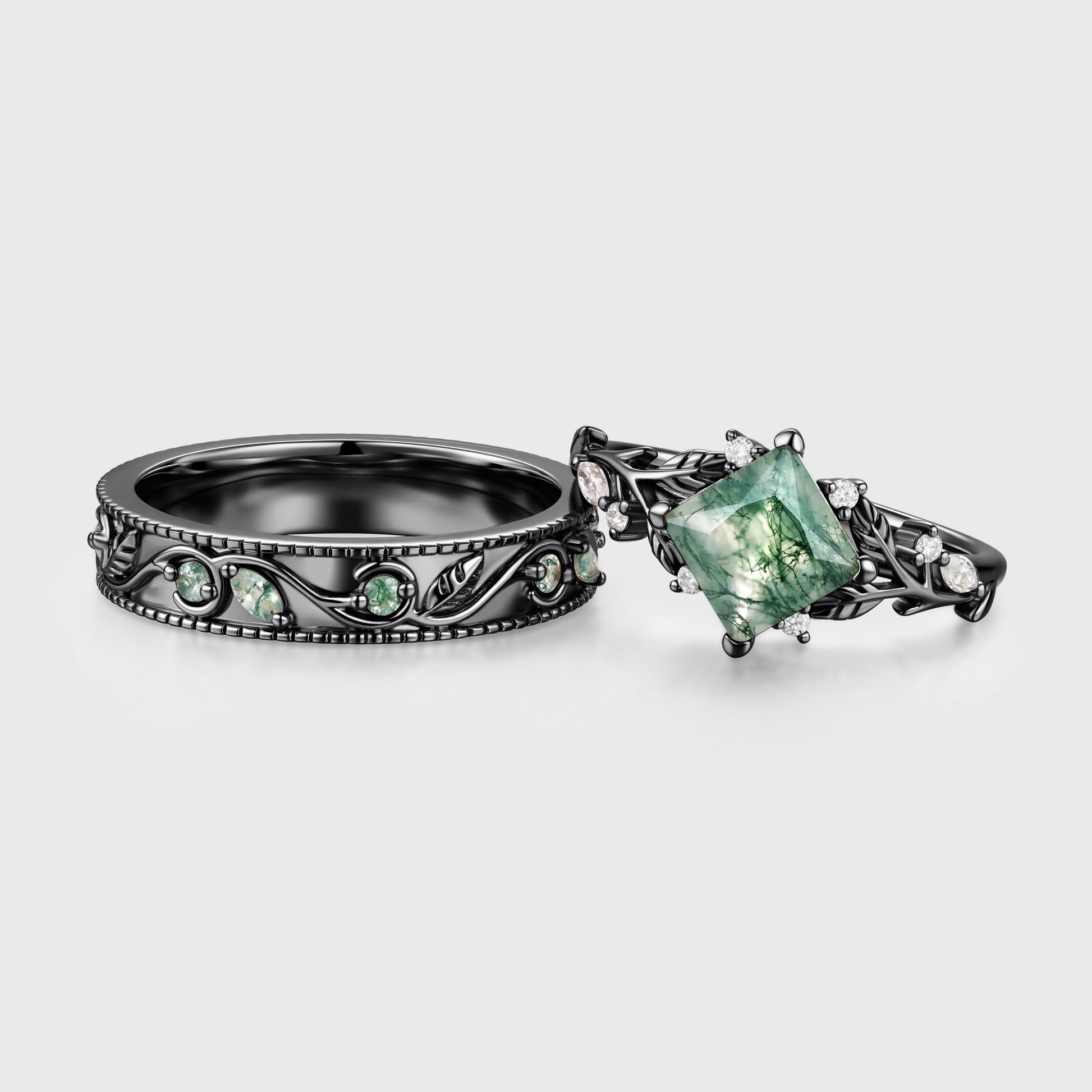 Forever Glow Moss Agate Couple Rings | Rose Gold Leaf Wedding Bridal Set
