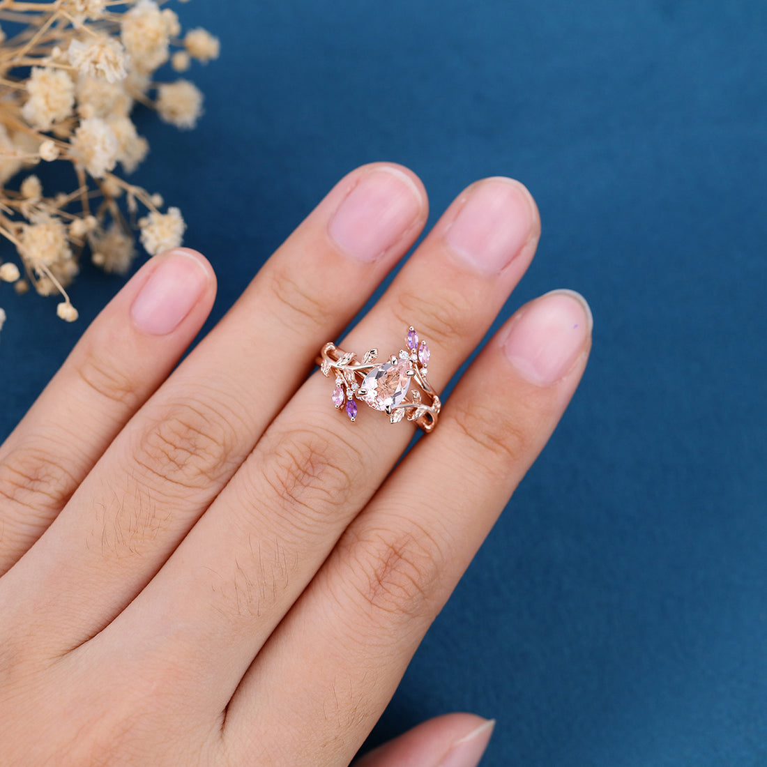 Inspired Pear cut Morganite Solid Gold Wedding Bridal Set