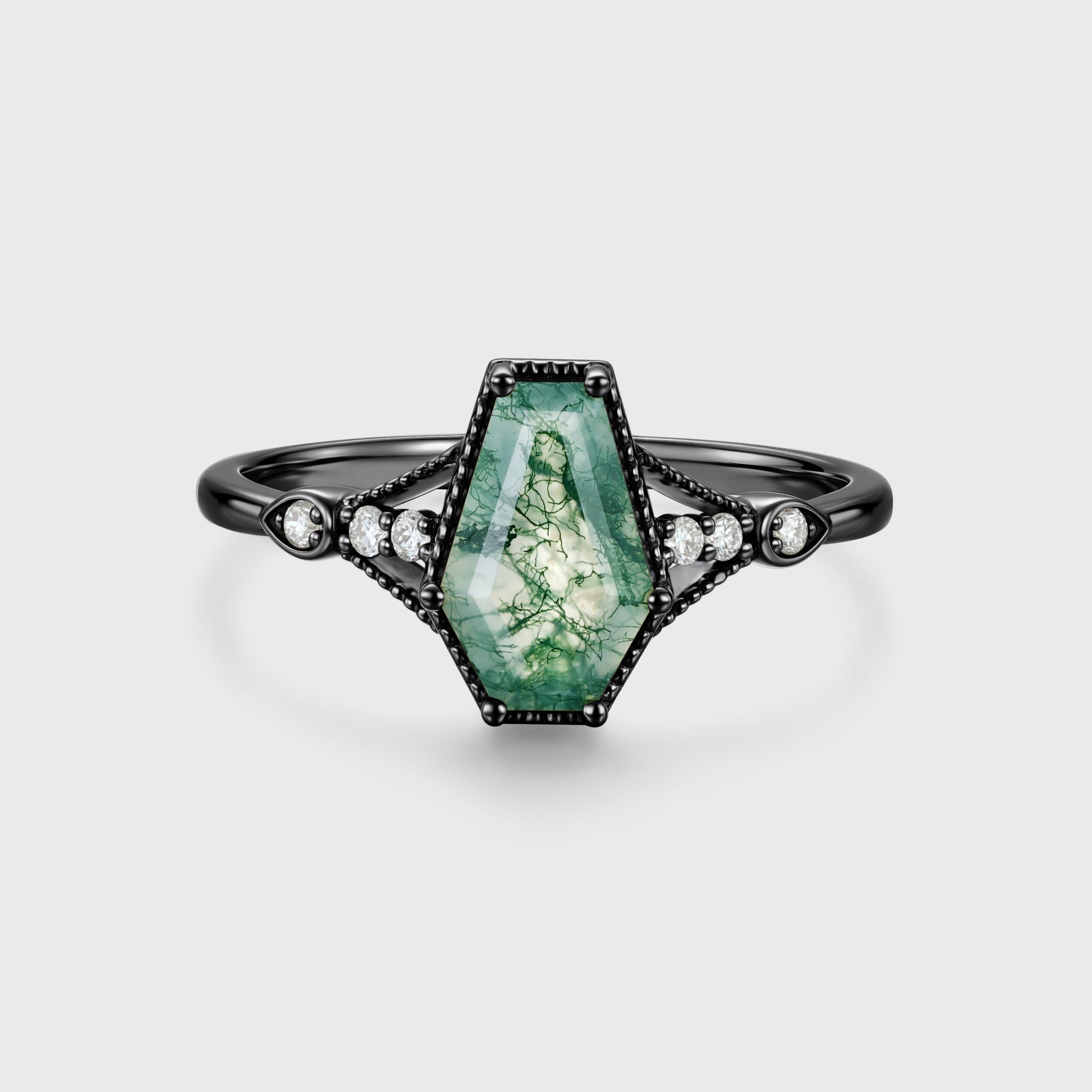 Coffin cut Moss Agate Solid Gold Engagement Ring