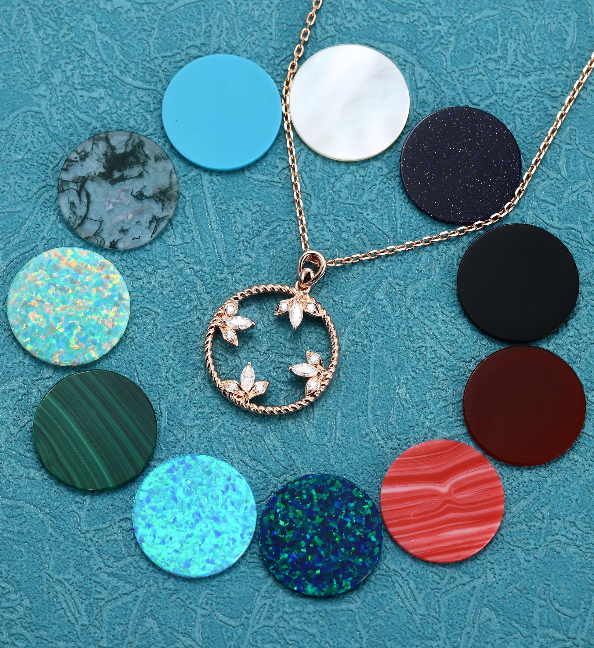 Round cut Malachite Pendant Necklace with Diamonds Halo Accents