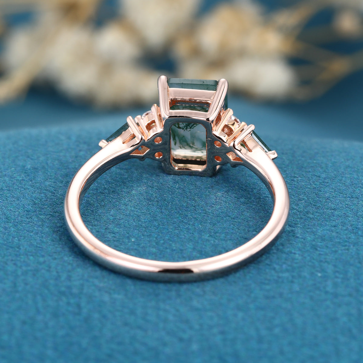 Emerald cut Moss Agate Solid Gold Engagement Ring