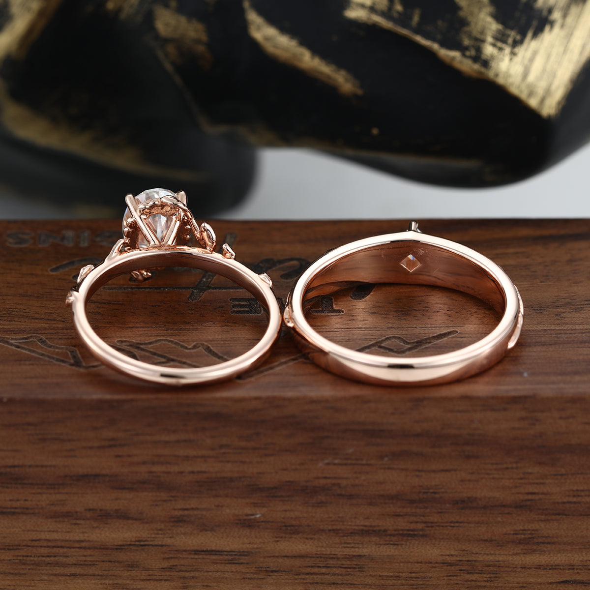 Nature Inspired Moissanite Couple Rings | D Color VVS1 | Rose Gold Leaf Wedding Bridal Set