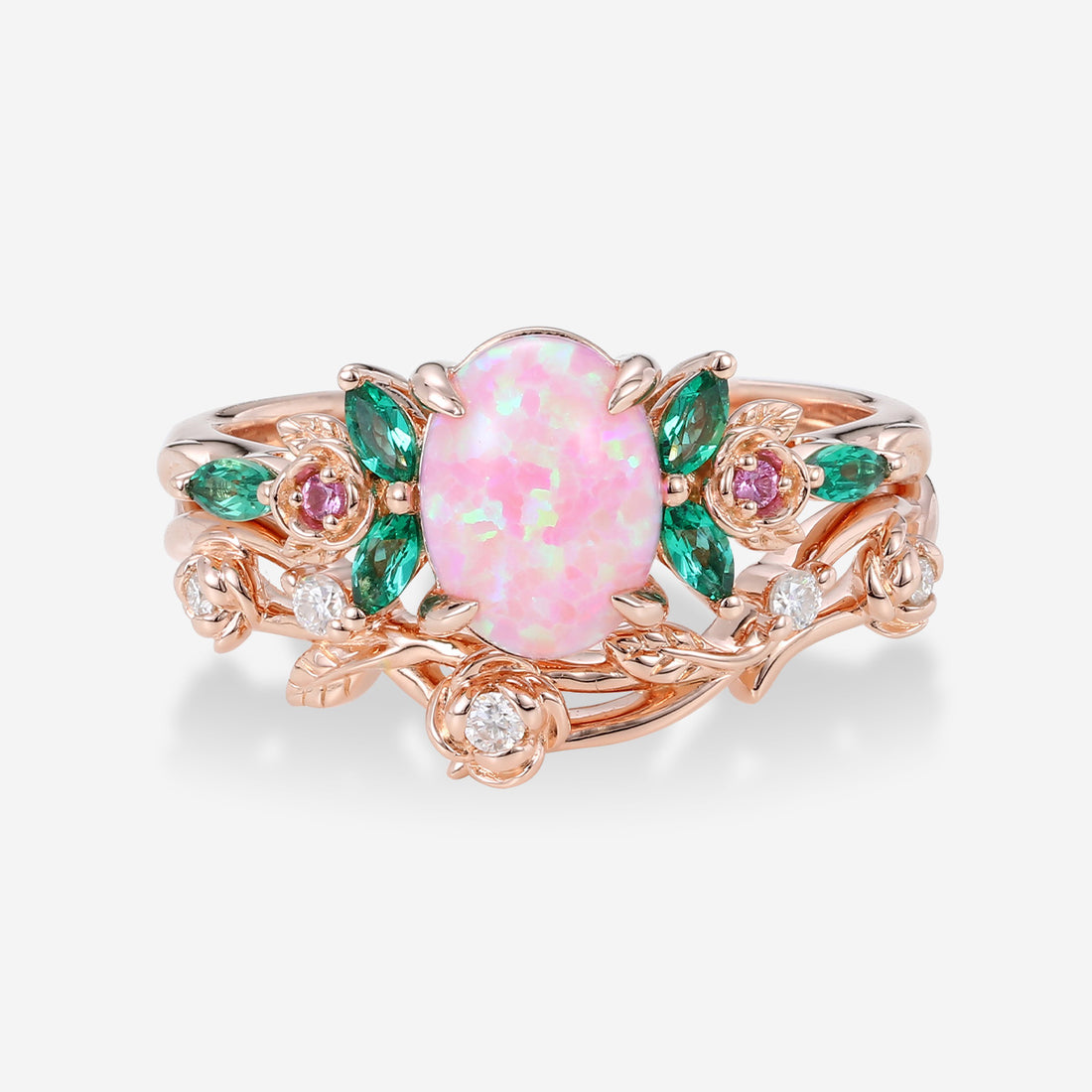 Oval cut  Lab Pink Opal Matching Lab Emeralds+ Pink Sapphire Rose Gold Engagement ring set