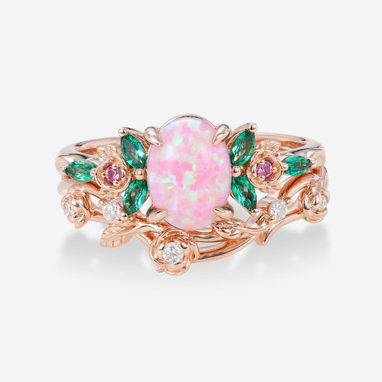 Oval cut  Lab Pink Opal Matching Lab Emeralds+ Pink Sapphire Rose Gold Engagement ring set