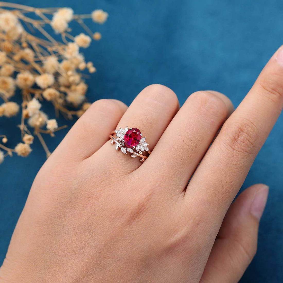 Oval cut Lab Ruby Cluster Engagement ring Bridal Set