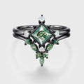 Princess Cut Moss Agate Bezel Engagement Ring Matching Curved Moss Agate  Wedding Bridal Set