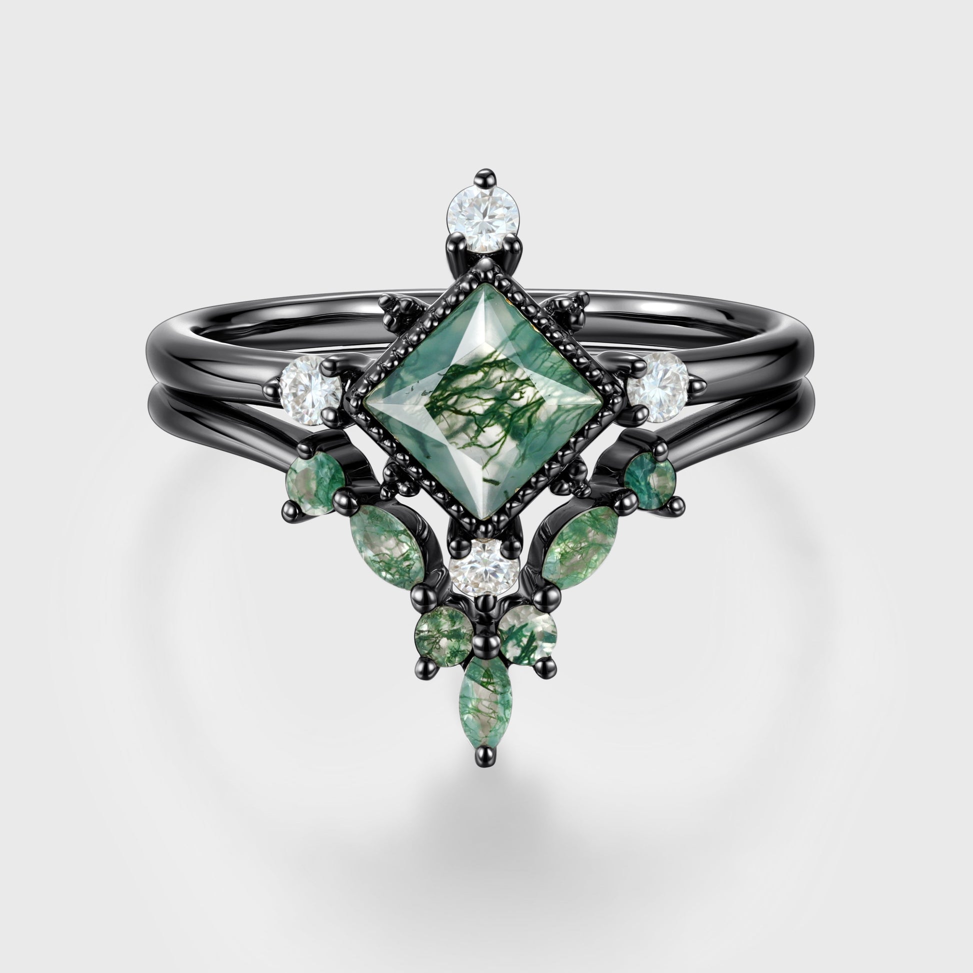 Princess Cut Moss Agate Bezel Engagement Ring Matching Curved Moss Agate  Wedding Bridal Set