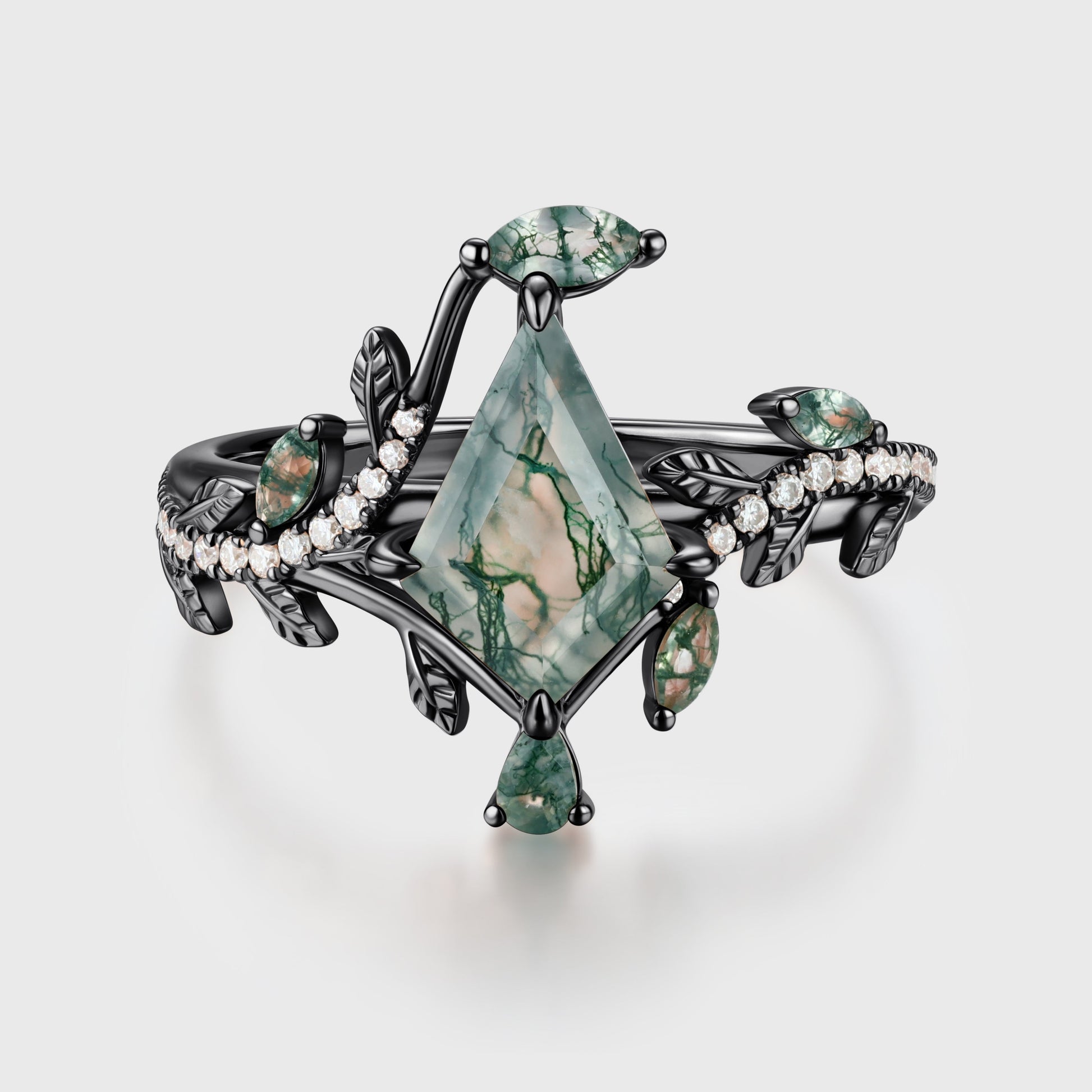 Nature Inspired Kite cut Moss Agate Leaf Gold Engagement Ring
