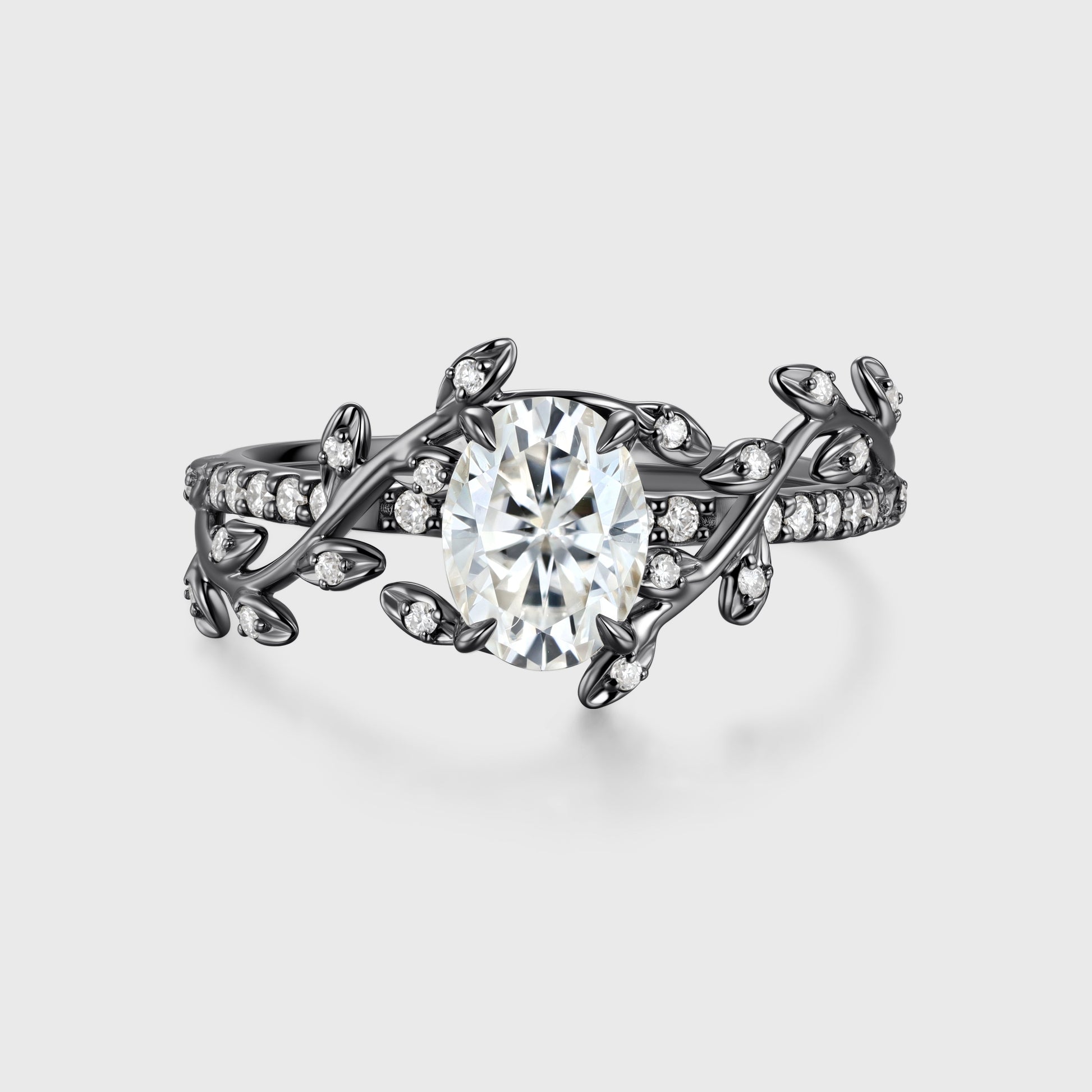 Nature Inspired Oval cut Moissanite Leaf Gold Engagement Ring
