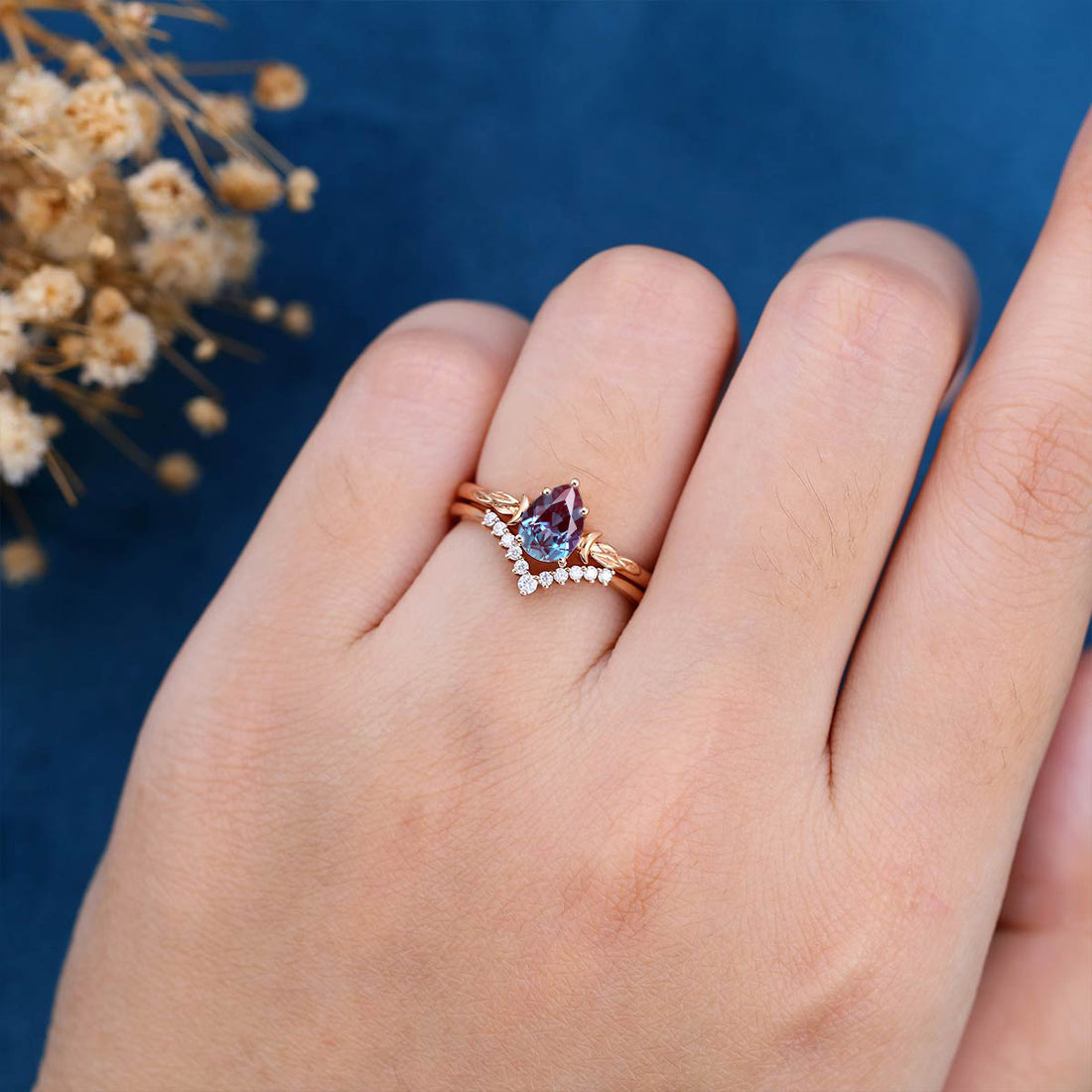 Pear cut Lab Alexandrite | Diamond Engagement Ring Bridal Set