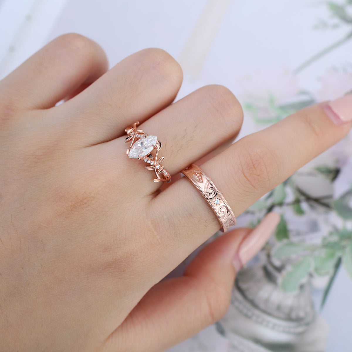 Nature Inspired Moissanite Couple Rings | D Color VVS1 | Rose Gold Leaf Wedding Bridal Set