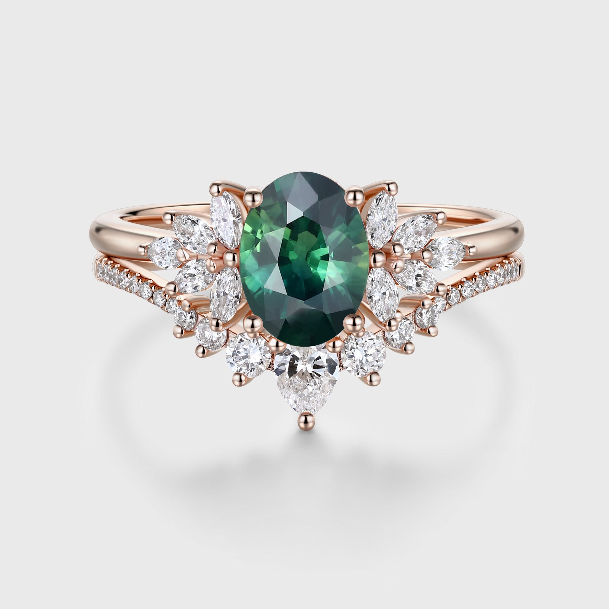 1.5Carat Oval Blue green sapphire Engagement ring Bridal Set