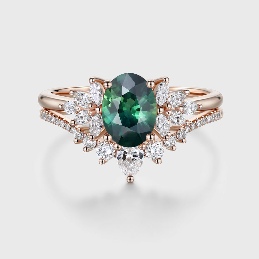 1.5Carat Oval Blue green sapphire Engagement ring Bridal Set