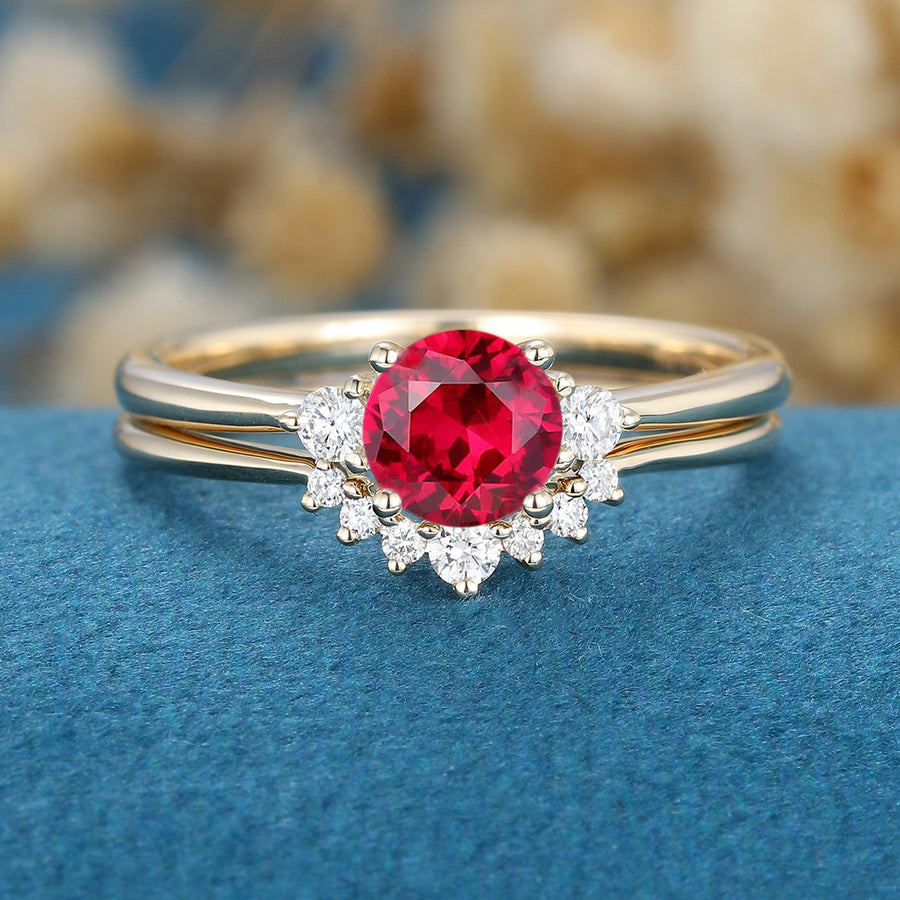 Round  cut Lab Ruby Cluster Engagement ring Bridal Set