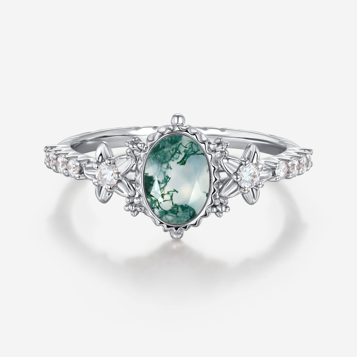 Bezel setting Oval cut Moss Agate Halo Moissanite | Diamonds Gold Engagement Ring