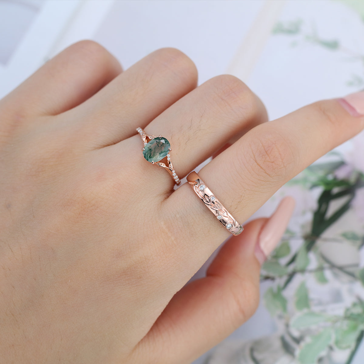 Enchanted Forest Moss Agate Couple Rings | Rose gold | Handcrafted Nature-Inspired Jewelry