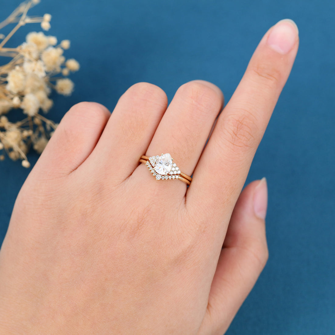 1.2 Carat Vintage Pear shaped Moissanite Engagement ring Bridal Set