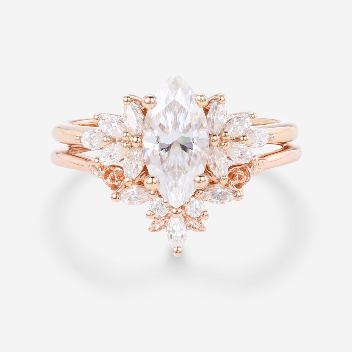 1.0Carat Marquise cut Moissanite Engagement Ring Cluster diamonds Rose Gold Wedding Bridal Set