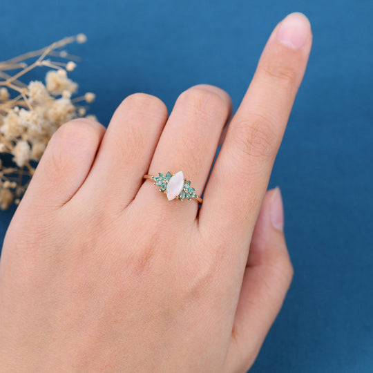 Marquise cut Opal Cluster Moss Agate Engagement Ring