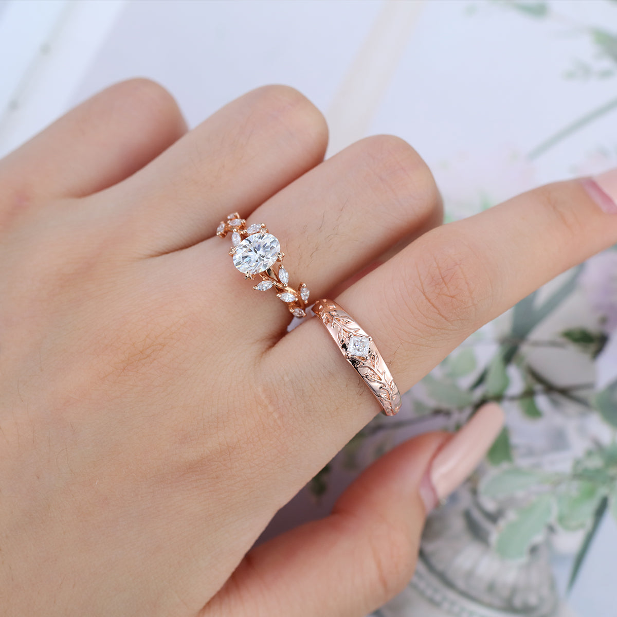 Nature Inspired  Moissanite Couple Rings | D Color VVS1 | Rose Gold Leaf Wedding Bridal Set