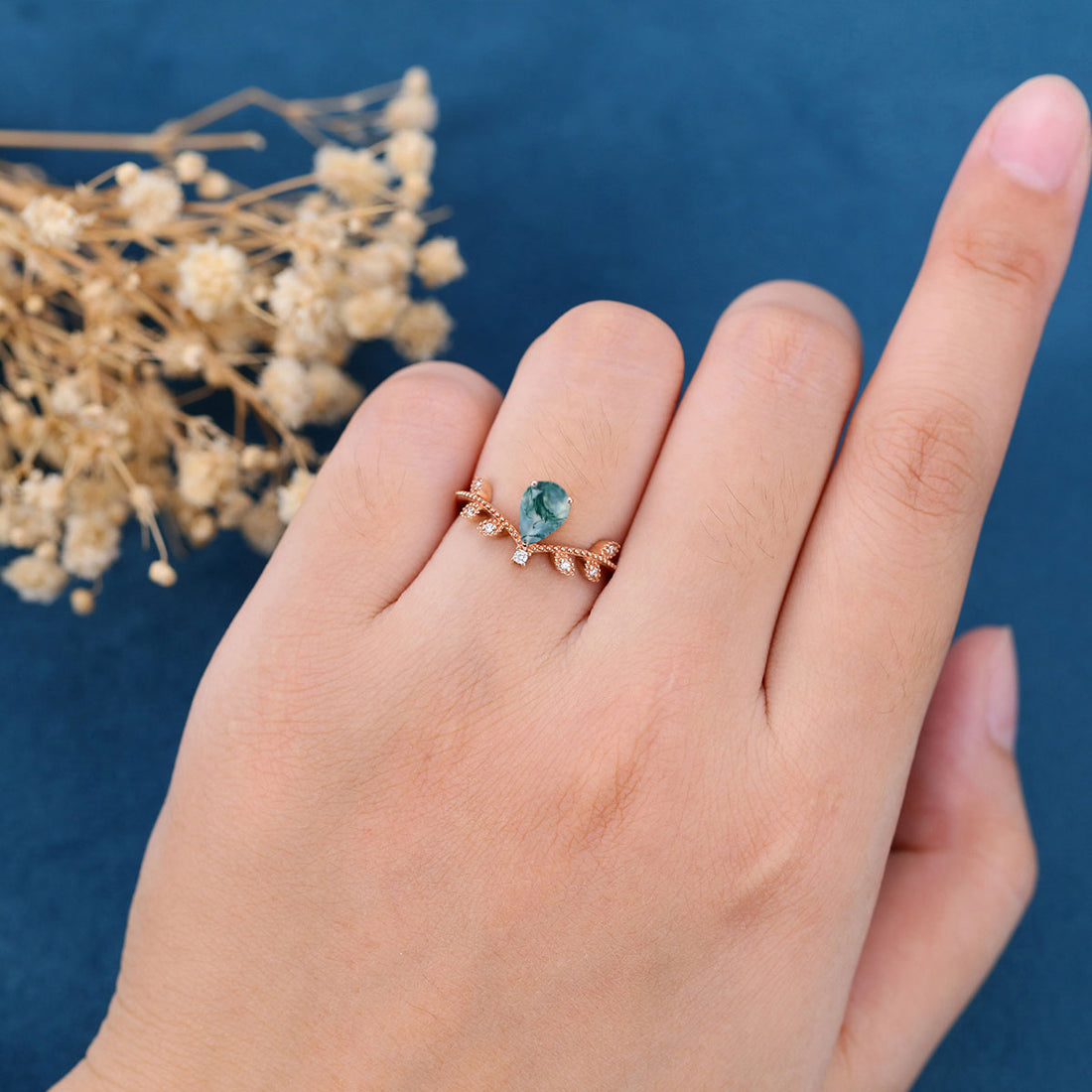 Nature Inspired Pear cut Moss Agate Leaf Rose Gold Engagement Ring