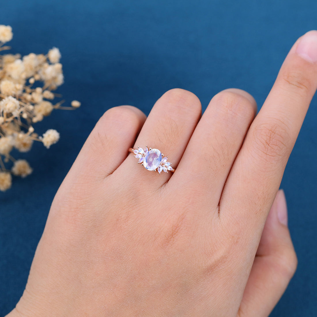 Oval cut moonstone cluster Engagement ring