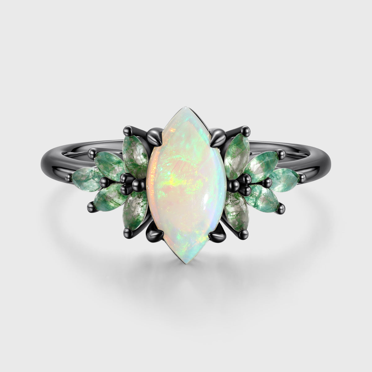 Marquise cut Opal Cluster Moss Agate Engagement Ring