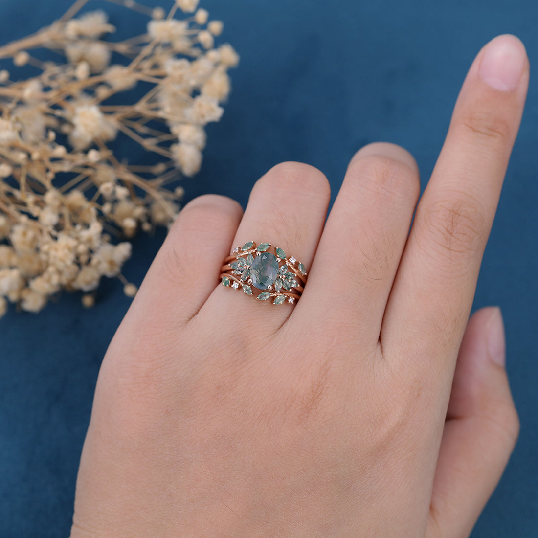 1.5Carat Oval Cut Moss Agate Cluster Engagement ring Bridal Set