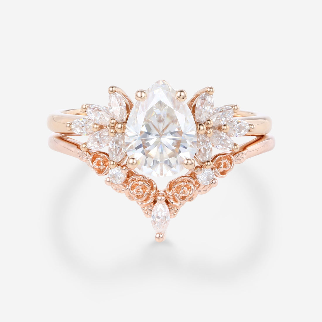 1.2Carat Pear cut Moissanite Engagement Ring Cluster diamonds Rose Gold Wedding Bridal Set