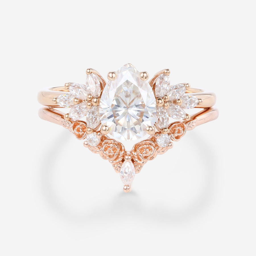 1.2Carat Pear cut Moissanite Engagement Ring Cluster diamonds Rose Gold Wedding Bridal Set