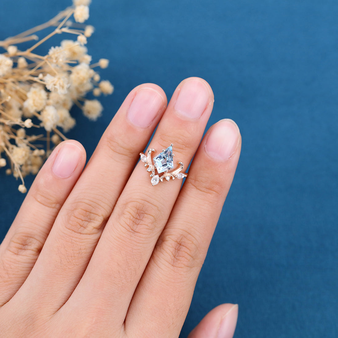 Kite Cut Aquamarine Rose Gold Engagement Ring