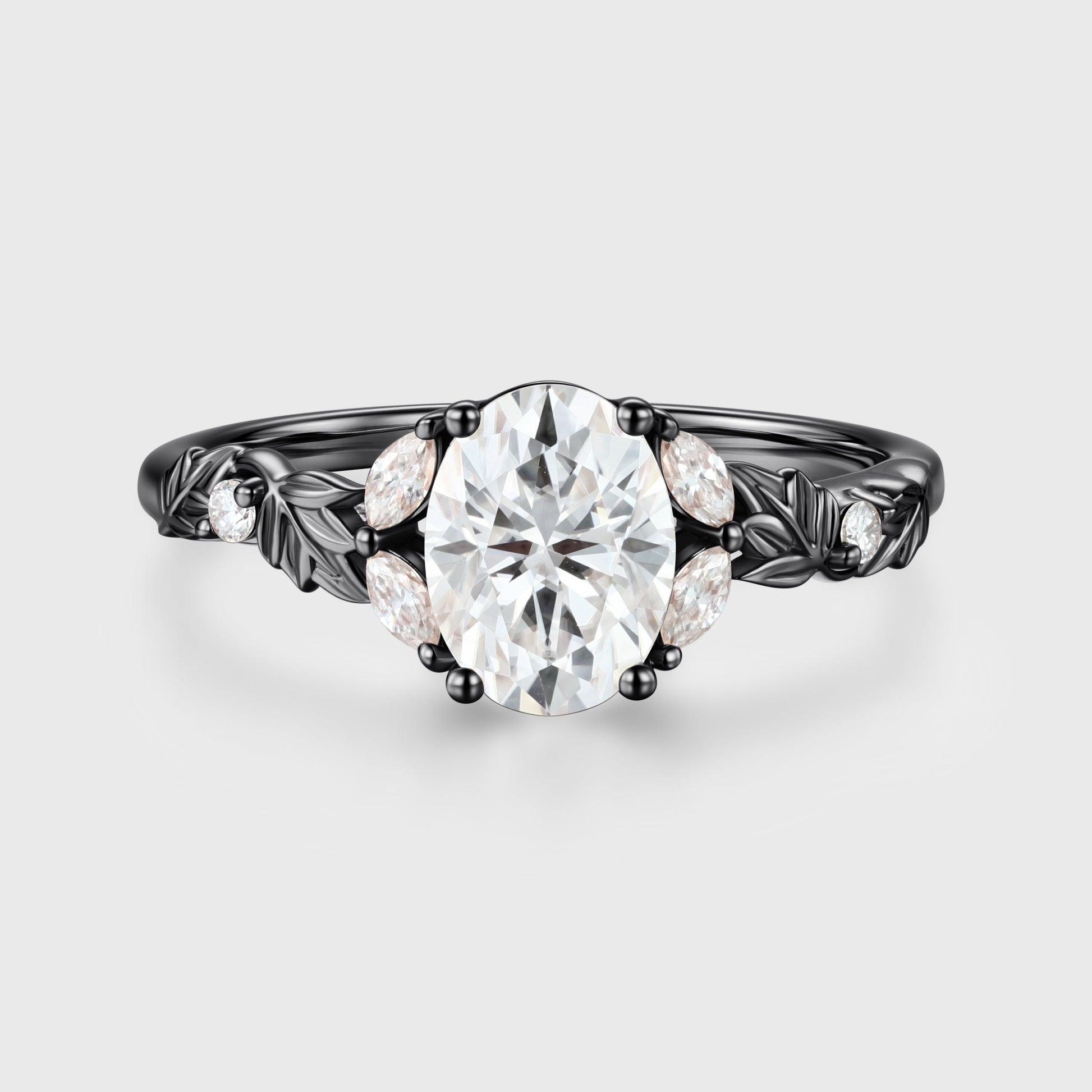 Nature Inspired Oval cut Moissanite Leaf Gold Engagement Ring