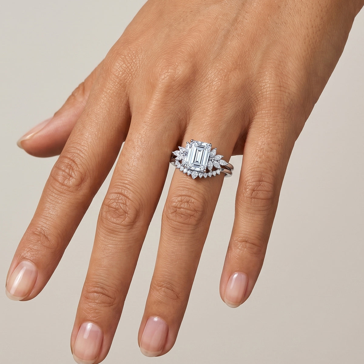 1.0CT~5.0CT Emerald cut Lab grown Diamond Cluster Engagement Ring Set