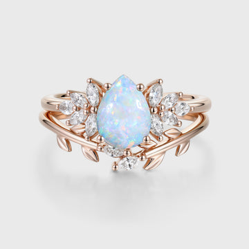 Pear cut Opal Cluster Engagement ring Bridal Set