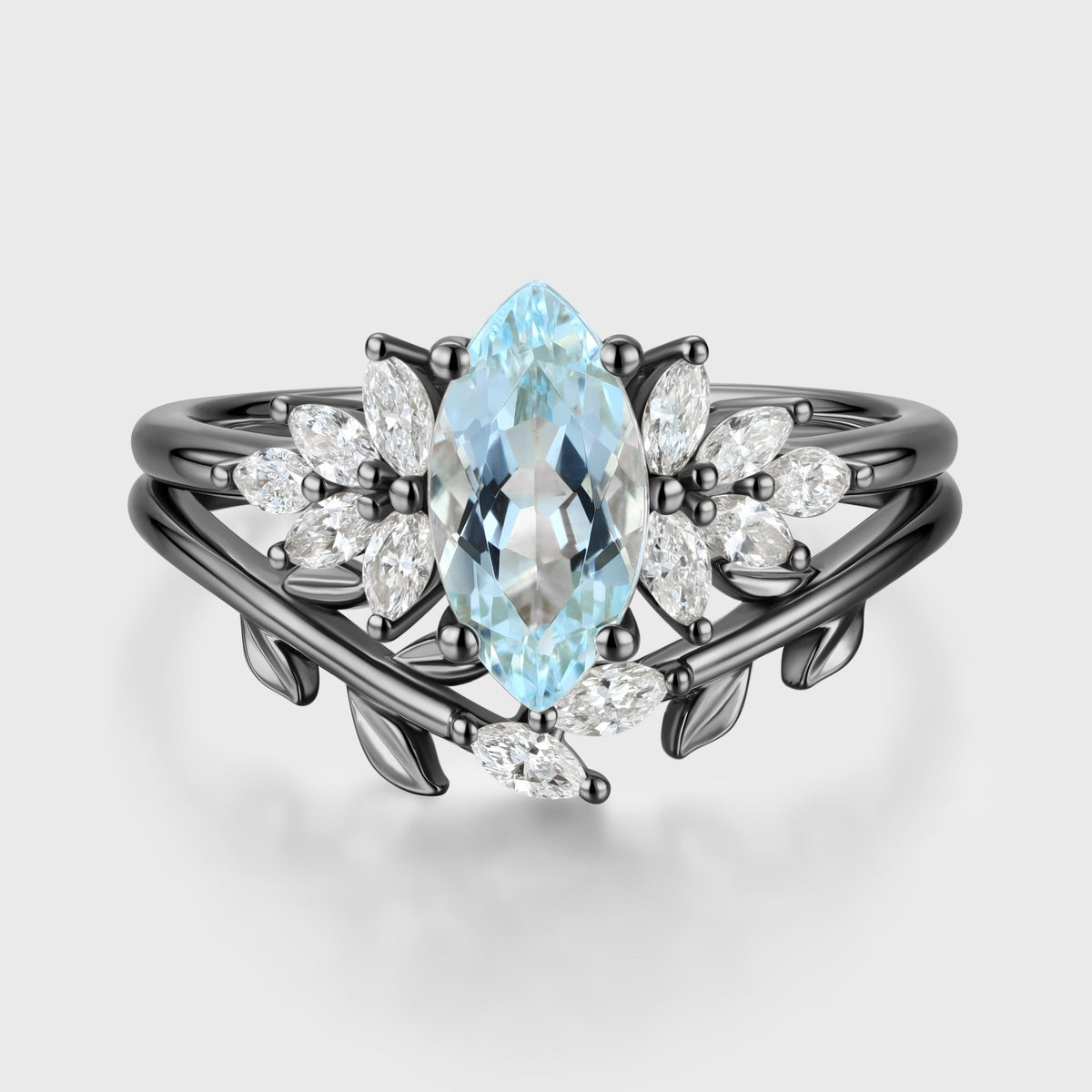 Marquise cut Aquamarine Cluste Engagement ring Bridal Set