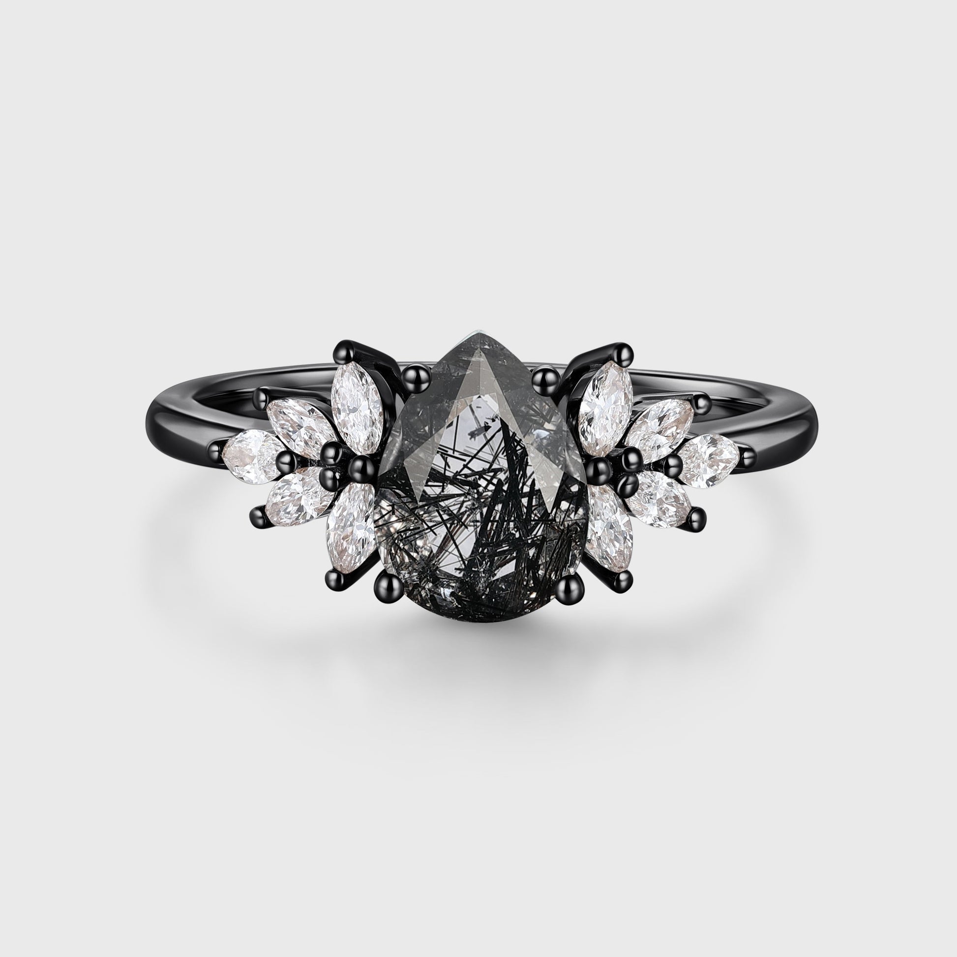 Pear cut Black Rutilated Quartz Cluster Engagement ring