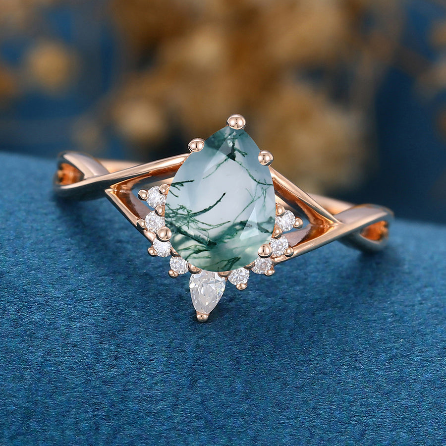 Pear Cut Natural Green Moss Agate Cluster Engagement Ring 