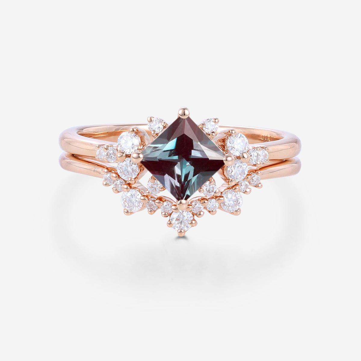 Princess cut Lab Alexandrite | Diamond Engagement Ring Bridal Set