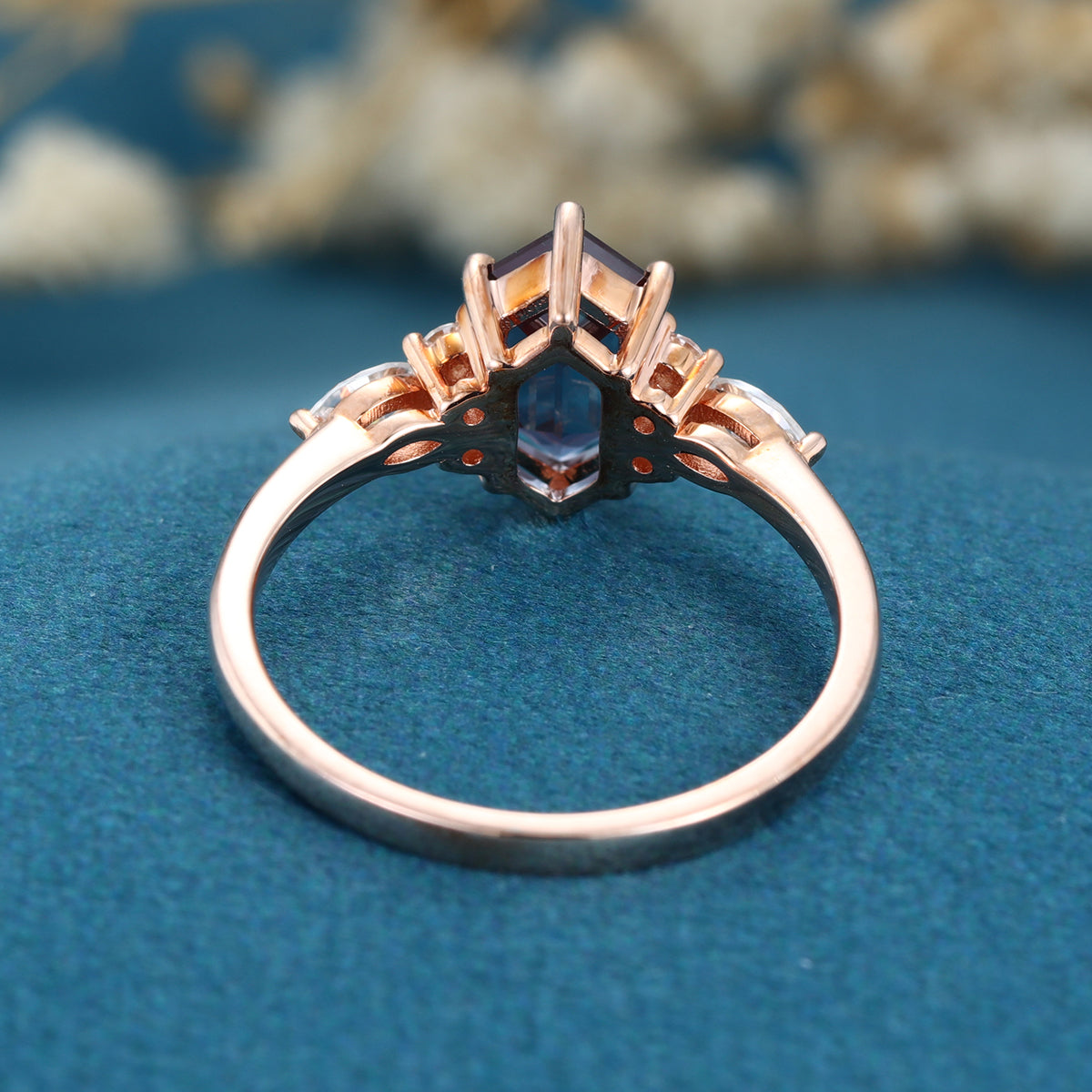 Long Hexagon cut Lab Alexandrite Solid Gold Engagement Ring