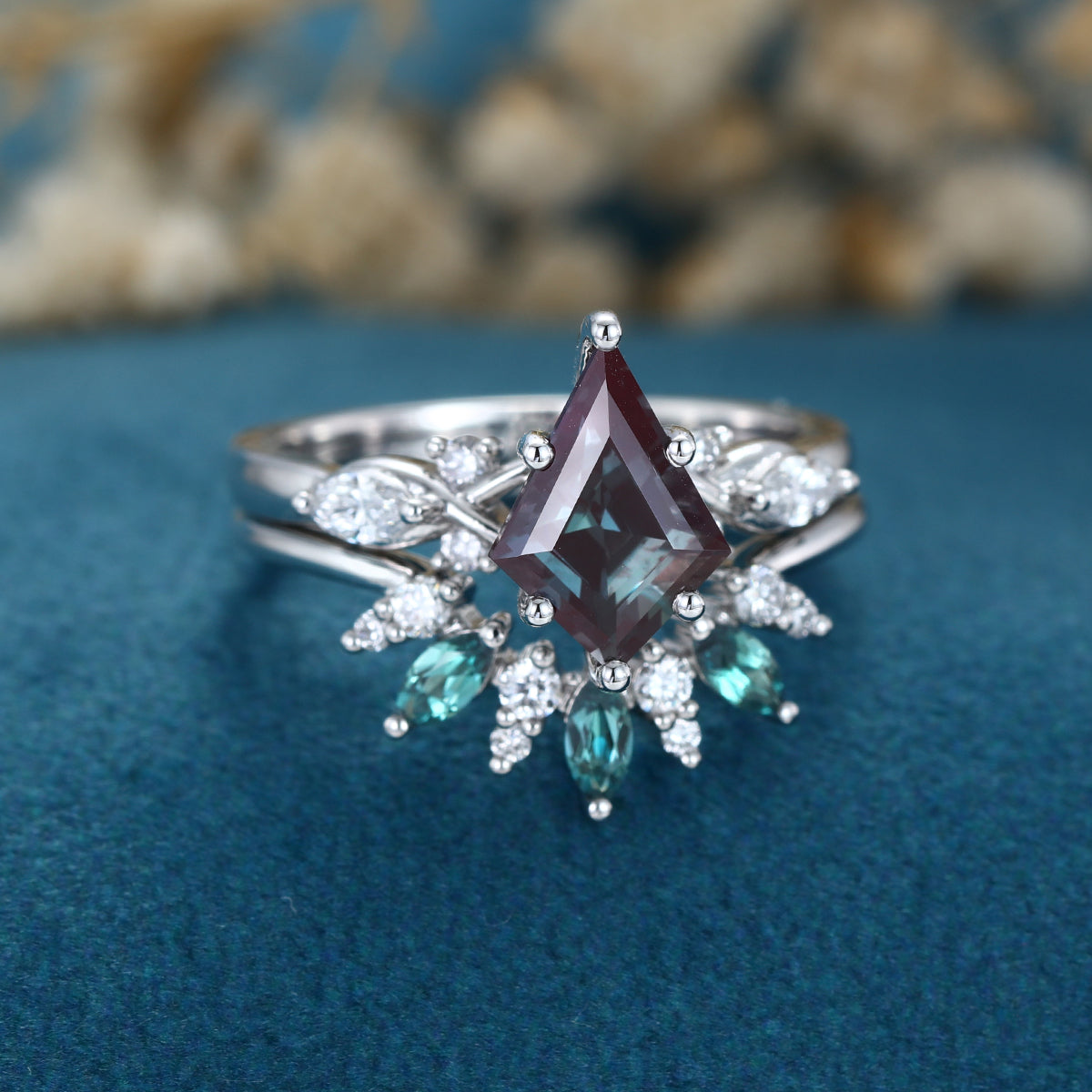 1.3 Carat Kite Cut Lab Alexandrite Wedding bridal set