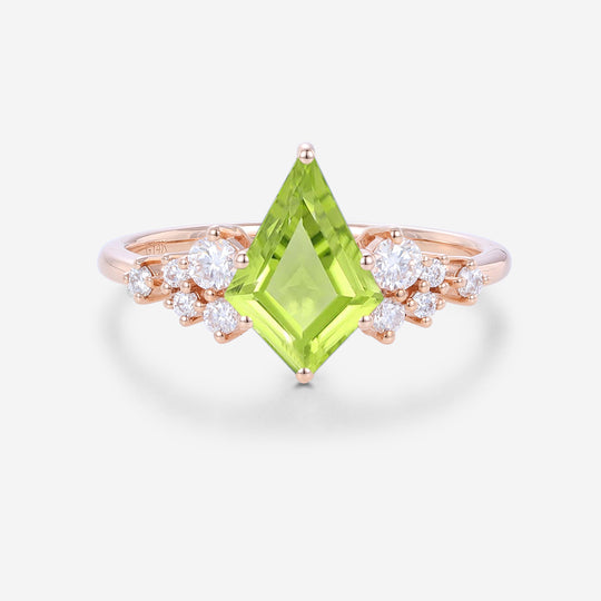 Kite Cut Olivine Cluster Engagement Ring