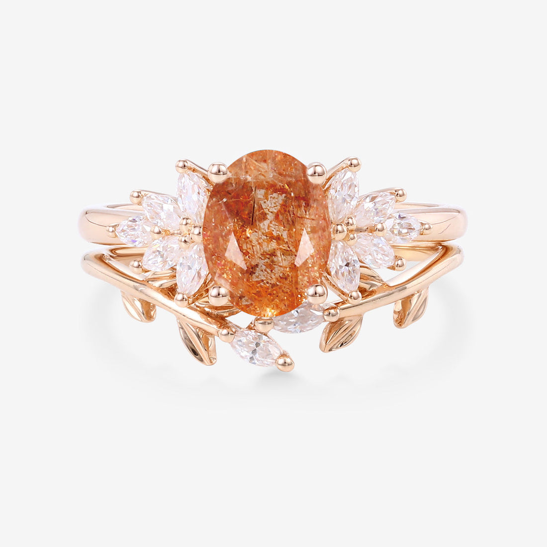 Oval cut Sun Stone Cluster Engagement ring Bridal Set