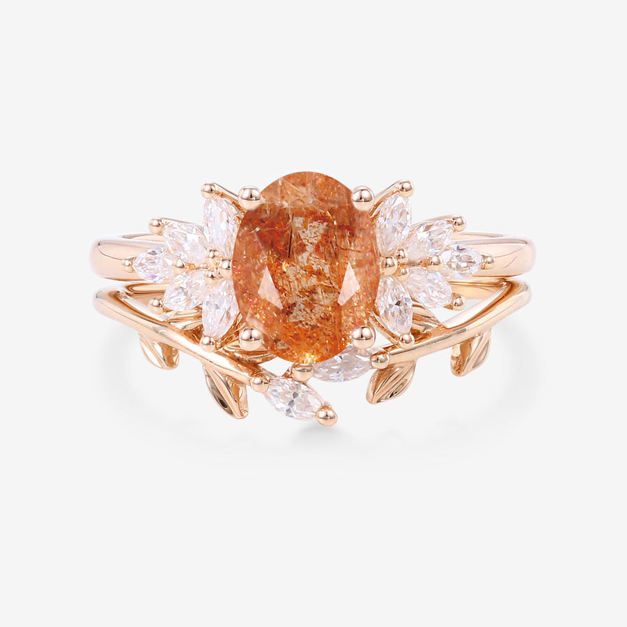 Oval cut Sun Stone Cluster Engagement ring Bridal Set