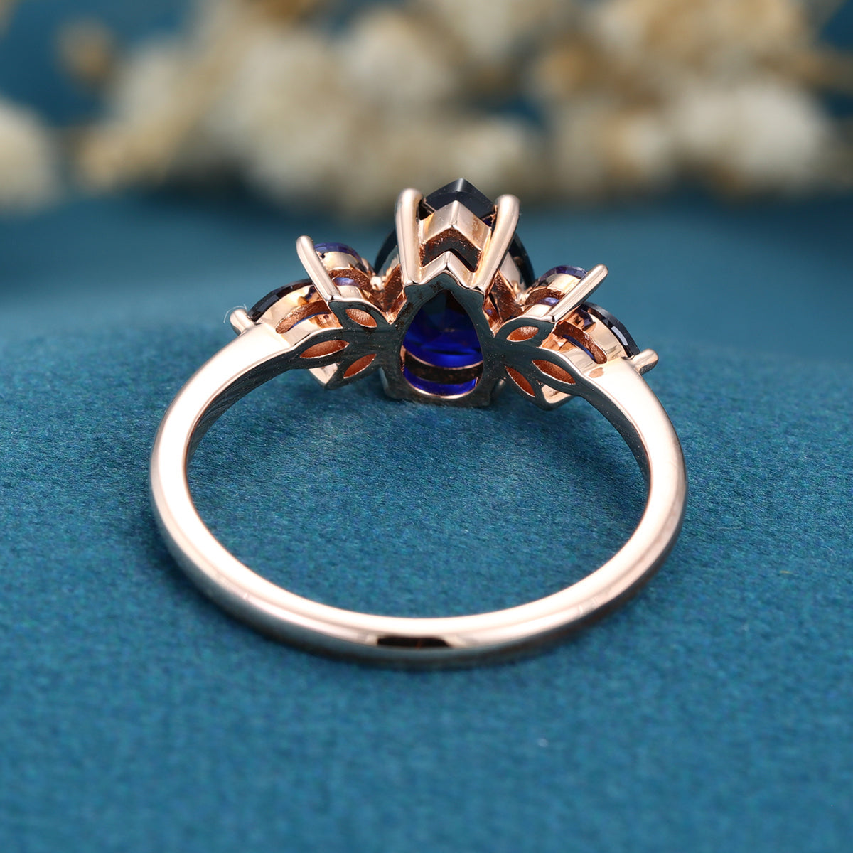 Pear cut Lab Blue Sapphire Solid Gold Engagement Ring