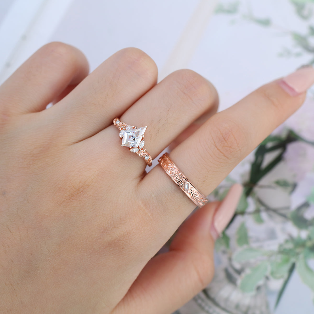 Nature Inspired Moissanite Couple Rings | D Color VVS1 | Rose Gold Leaf Wedding Bridal Set