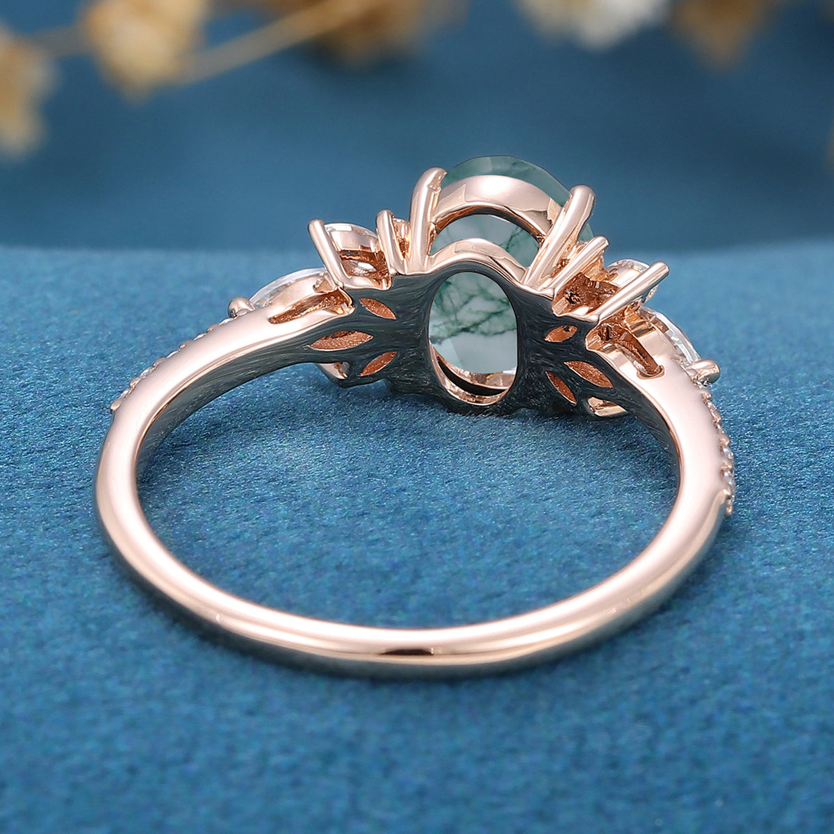 Oval Cut Natural Green Moss Agate Cluster Engagement Ring 